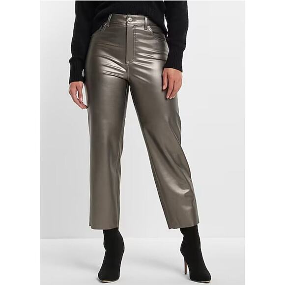 Womens Express Modern Straight 2 Brown Faux High Waisted Leather Pants - Picture 2 of 12